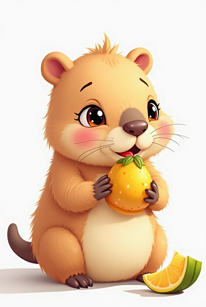 an unrealistic baby capybara,  animated, not realistic on a white background, That he is eating a fruit