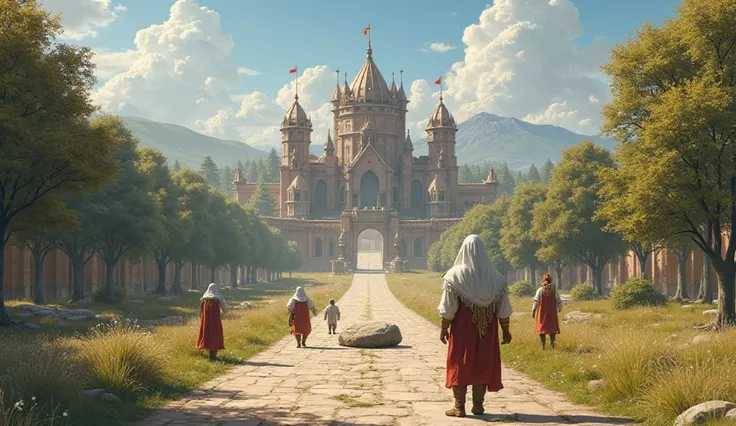 Setting: A majestic kingdom with a long road leading to the palace. It's a sunny day, and the kingdom is bustling with activity....