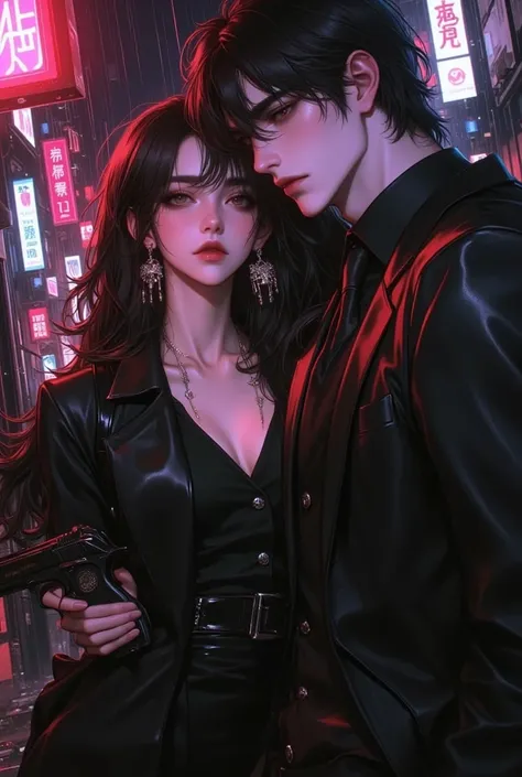 
"A semi-realistic manhwa-style illustration of a mysterious and intense couple in a dramatic romance-thriller setting. The male...