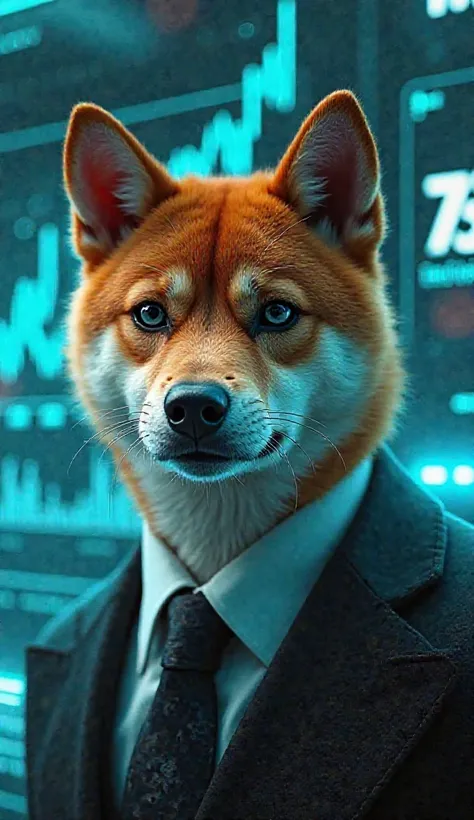 Cyberpunk shiba inu-dog in a suit, medium shot,  close-up,  middle-aged,  serious expression,  wolf-like head with reddish-brown...