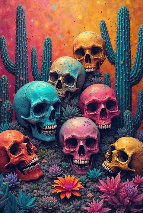 Image with colorful skulls and cacti something very colorful for YouTube video cover, com o jome jailton videos drone 