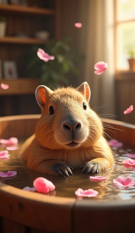 A hyper-realistic image of a capybara relaxing in a warm, rustic wooden tub filled with water, surrounded by floating pink and w...
