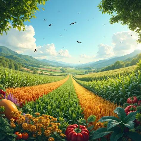 A panoramic picture that reflects agricultural diversity, where several basic crops are mixed in one scene full of life and natu...