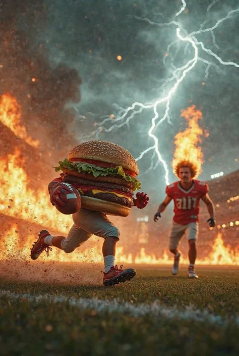 Burger playing american football as the stadium catches on fire and a hungry man with fire on his head watches as thunder falls 