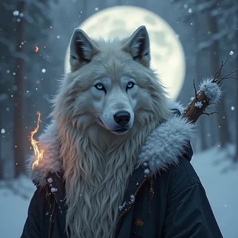 Werewolf beige fantasy version and white: long hair, a wick on the side, blue eyes and realistic misterious look with a black co...