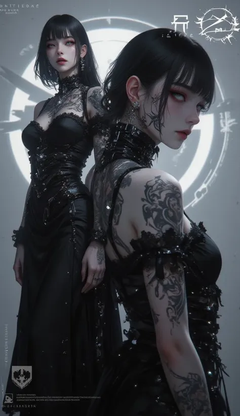 young woman、Beautiful Makeup、futuristic gothic dress lined up in front and back、tattoo、