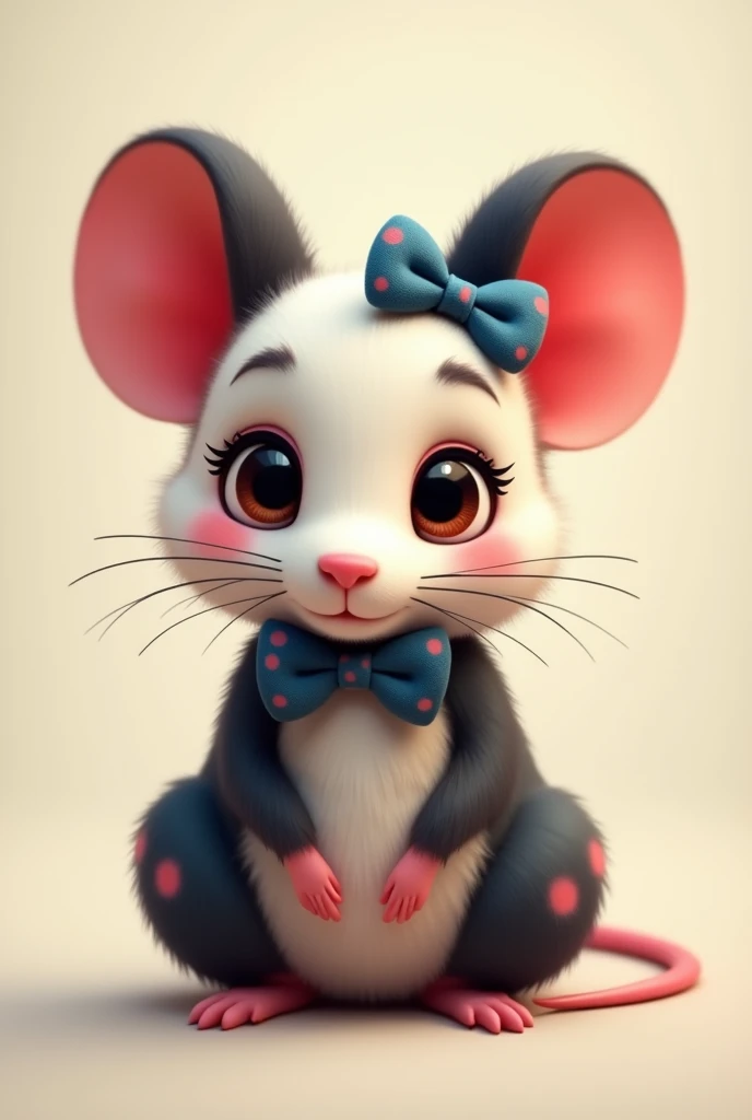 I want you to make a mouse with black hair and red highlights, shy, fofo, with brown eyes,  with bow tie. In the same style as t...