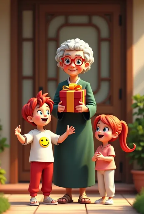 A cheerful elderly woman with curly white hair, round red glasses, and a kind smile, wearing a dark green traditional dress and ...