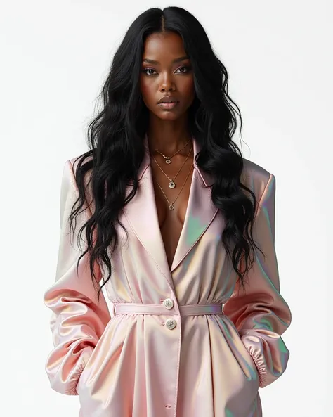 Black Woman, very long slightly wavy hair, editorial, fashion, editorial prismatic outfit, prismatic oversized outfit, 
white st...