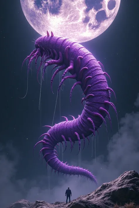 Giant bright purple slug with spider legs falling from the moon
