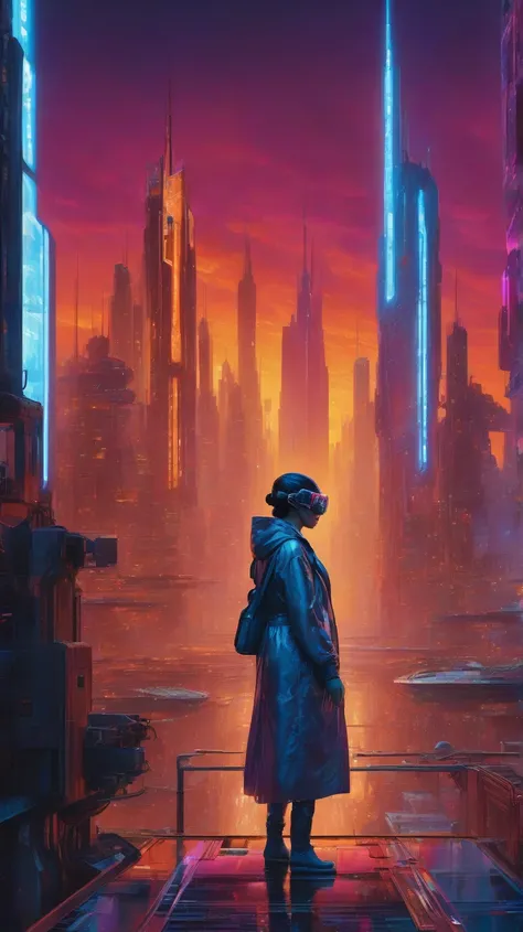  A woman in a long, flowing coat with a utility belt and goggles stands atop a sleek skyscraper, gazing out at a futuristic city...