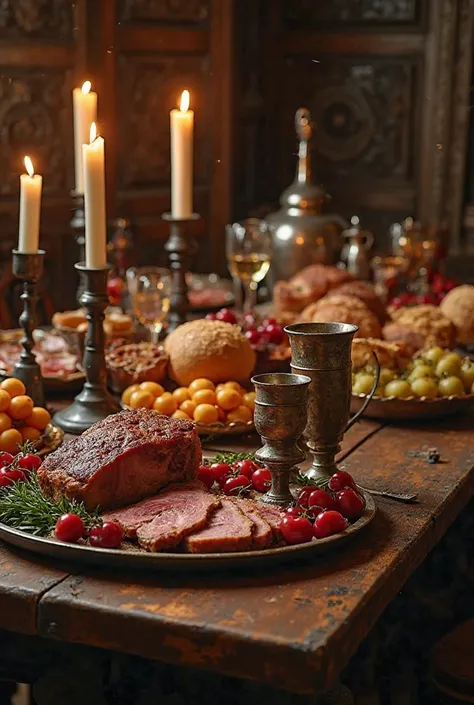 A grand medieval feast displayed on a richly detailed wooden table, overflowing with roasted meats, fresh bread, fruits, goblets...