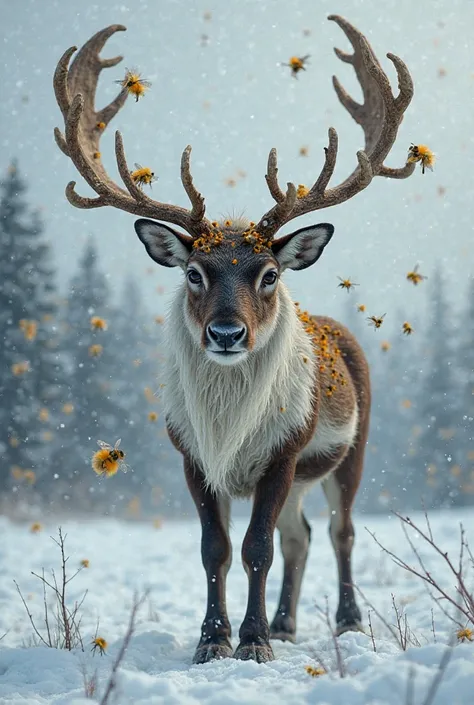 A lone reindeer stands in the frozen wilderness, his fur a mix of earthy browns and frosty whites. His eyes, filled with determi...