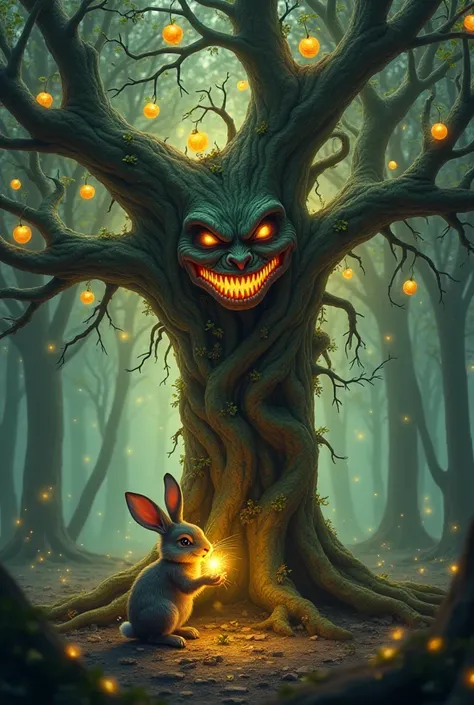 "A mystical enchanted tree with twisted, ancient roots stands in a glowing forest. Its branches are adorned with golden, magical...