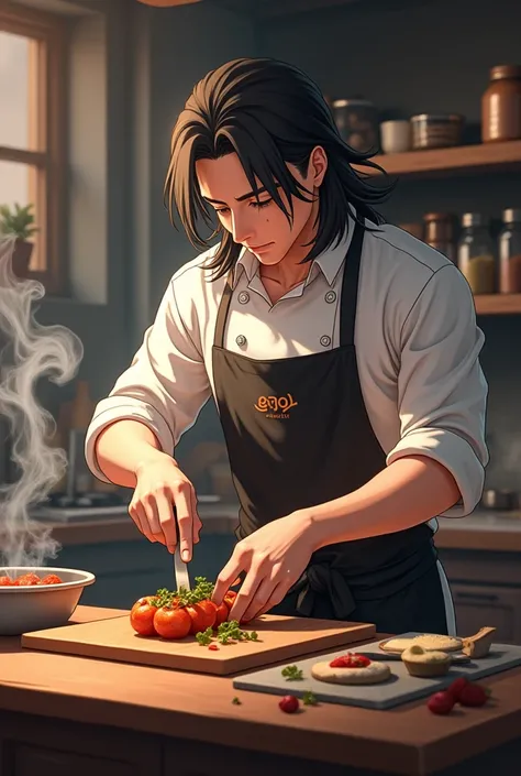 อนิเมะ ชายผมยาว ทำกับข้าว, detailed anime character, long-haired man, chef, preparing food, kitchen interior, steam, spice rack,...