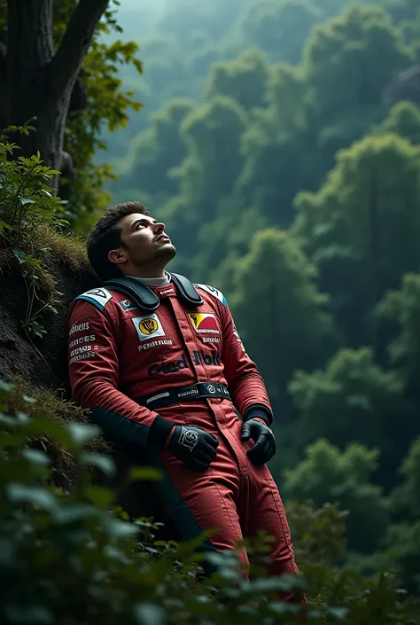 A formula one racer with equipment lies on the edge of the forest view from above