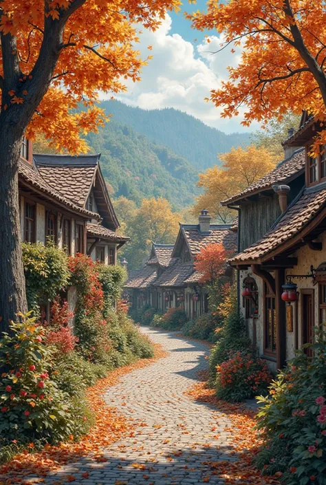 Autumn,beautiful village,trees,leaves,cobblestone street, no people