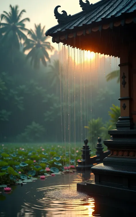 Create a cinematic, photorealistic image of rain dripping from the curved, ornate roof of a traditional Balinese temple, set in ...