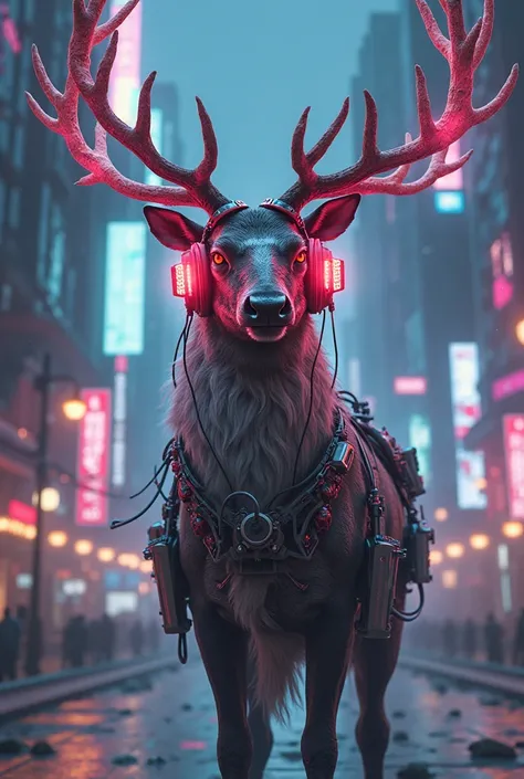 An epic reindeer with music-loving headphones with a cyberpunk style drawn with buso
