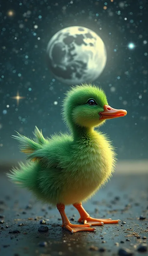 A little duck colored green and feathers all green , He is dancing cheerful and happy , he is in the galaxy on top of a mini rou...