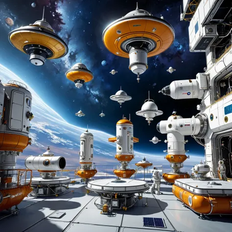 space vacuum area with several high-tech platforms floating by gravity