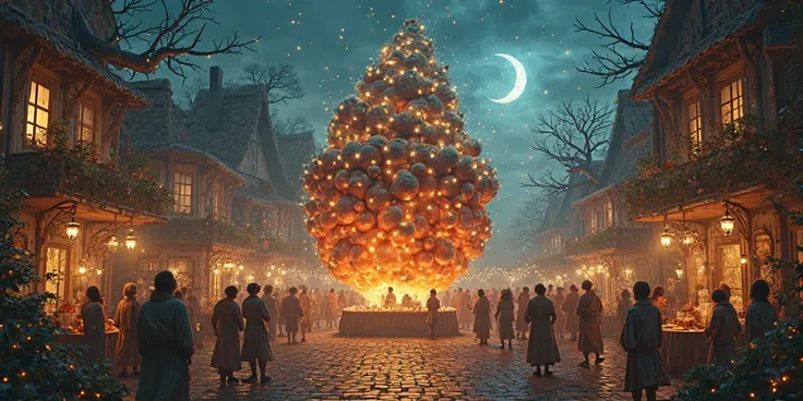Giant’s Midnight Banquet – A fantasy village where people celebrate with oversized food and glowing drinks.