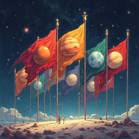Eight flags with the planets in them in the colors red, orange, blue, green, therefore,  White , gray and lilac 