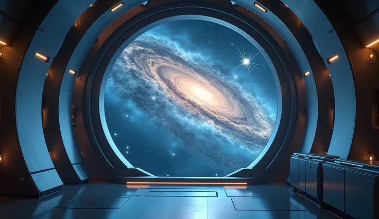 Inside the spaceship,. The background is a glass that shows the galaxy. Sci-fi.