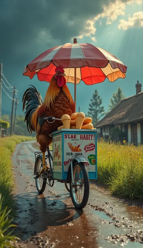 A hyper-realistic 8K image of a giant rooster riding an old-fashioned three-wheeled ice cream cart bicycle, exactly like the one...