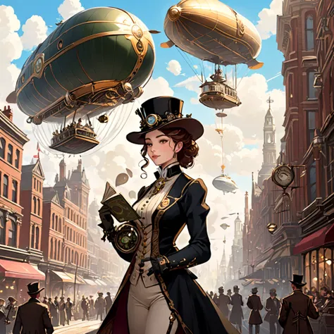 A Victorian city, filled with intricate clockwork and steam devices, with airships flying in the sky and citizens, dressed in ex...