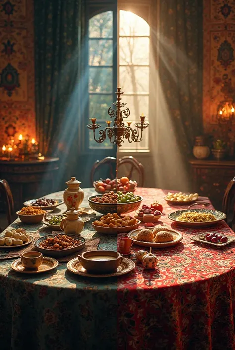
"A square-format split-image composition of two traditional Persian tablescapes.

On the left side, a beautifully arranged Ifta...