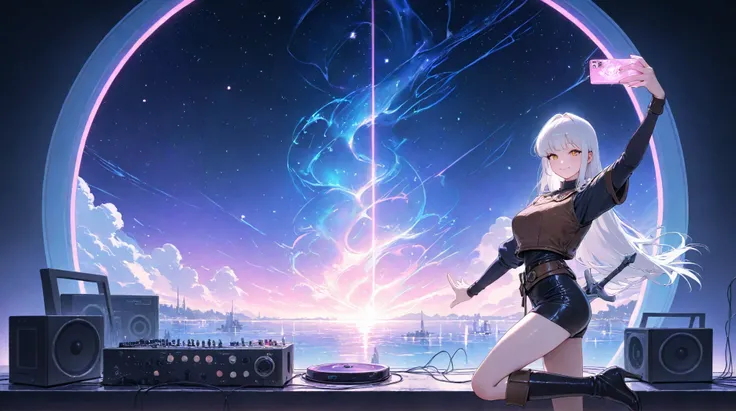 Retro_neon,Retro neon, neon-lit waves, Starry Sky, starlight, pink and purple sky, synthwave aesthetics, big white harp, Middle ...