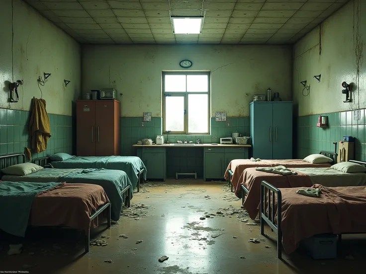 A not-so-well-maintained field hospital. A room with several bunks and cupboards with appliances. The walls are covered in some ...