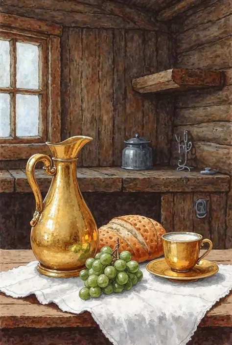 A small golden beverage jug, a golden drinking cup, a loaf of bread and a bunch of grapes, on a white towel spread out on a tabl...