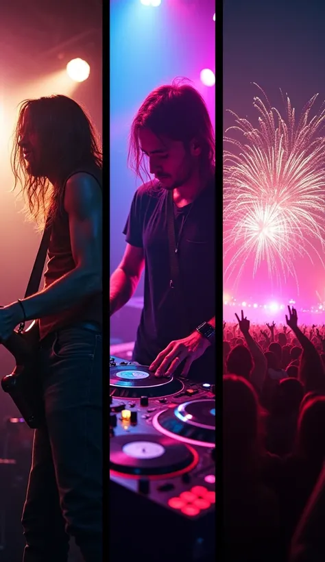A dynamic triptych-style scene: On the left, a long-haired rock guitarist sweating under bright stage lights, playing an epic so...