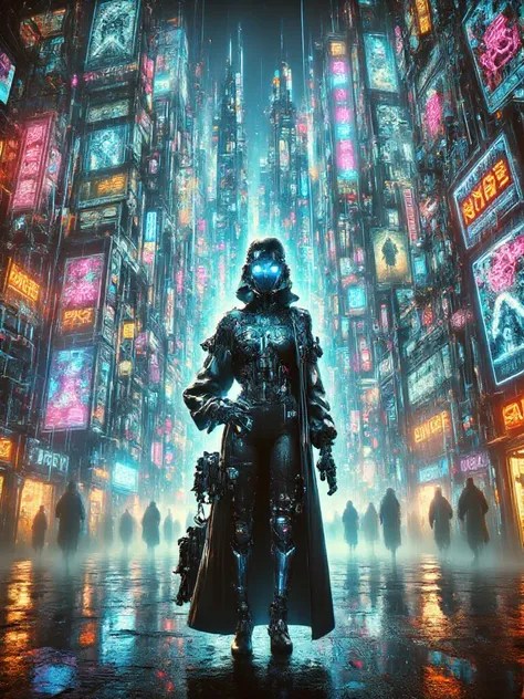 Create a breathtaking, highly detailed, and futuristic cyberpunk artwork featuring a strikingly beautiful and modern evil faerie...
