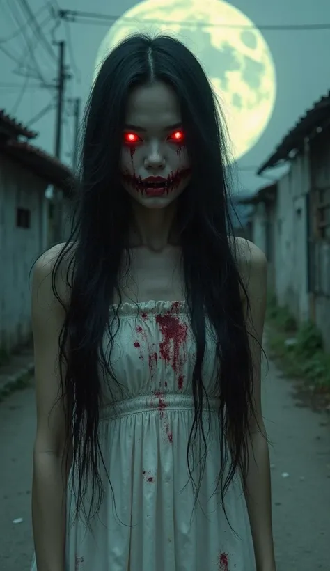 "A chilling Pontianak ghost with long, flowing black hair and glowing red eyes. She wears a bloodstained white dress, standing u...