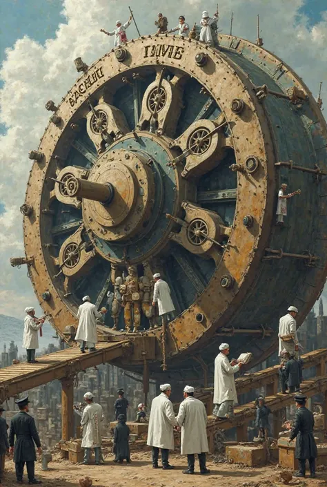 "A giant machine labeled 'Teachers Bakery,' with tiny figures dressed in white doctor-like lab coats working around it. Some tin...