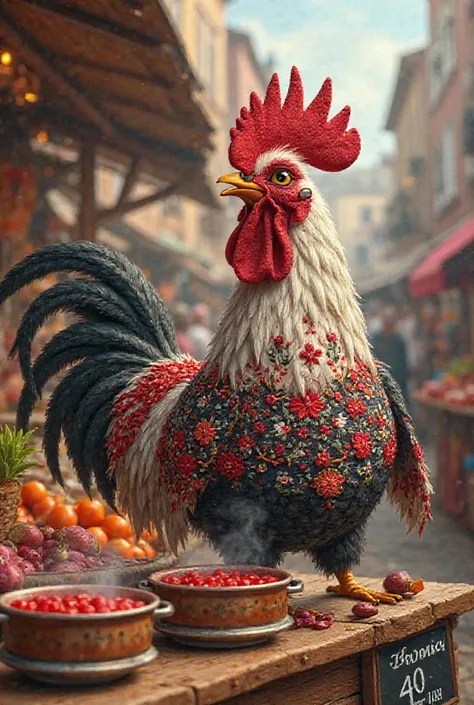 Draw a rooster in embroidery that sells borsch at the market for 40 UAH
