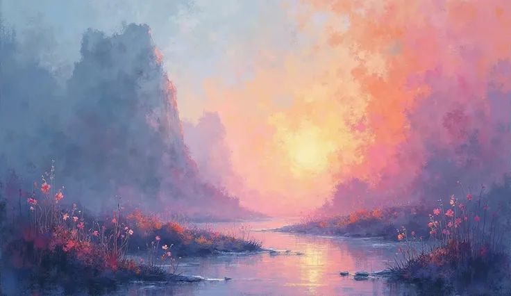  make a vague image with impressionist features with light shades of blue, very bright orange , pink and lilac.  make the pictur...