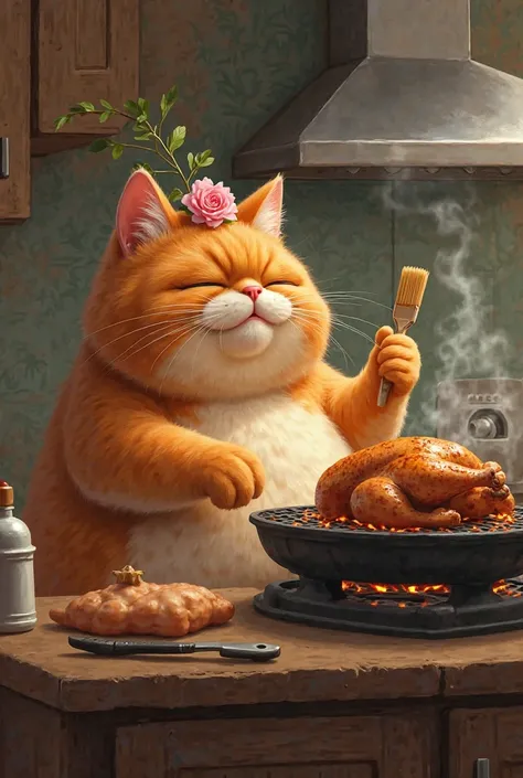Make a realistic fat orange cat with a pink flower on her head by holding and brushing a brush with her paw on the chicken roast...
