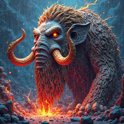 A woman's face in cubist art NFT colorful 3d woodcut mammoth on fire with horns giant angry destroyer setting fire through the m...