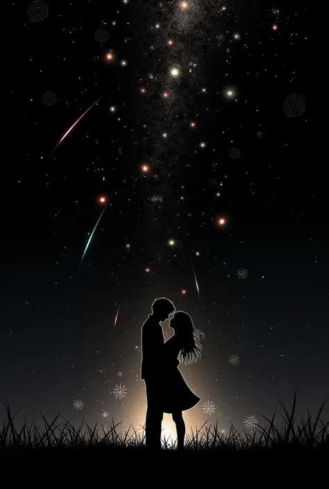 Scan page de manga fond écran noir et blanc d’un couple sous une pluie d’étoile filantes et feu d’artifice dans la nuit 