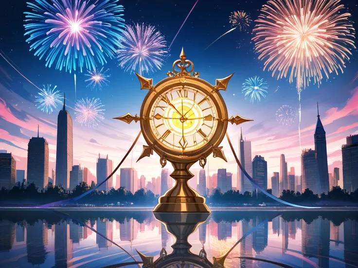 Create a dazzling, commercially appealing New Year’s Eve scene set atop a futuristic skyscraper piercing through a sea of swirli...