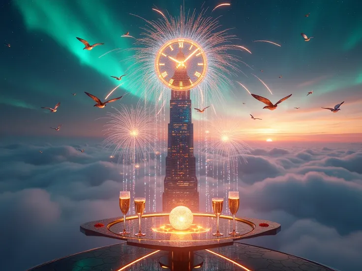 Create a dazzling, commercially appealing New Year’s Eve scene set atop a futuristic skyscraper piercing through a sea of swirli...
