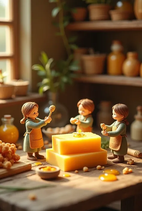 Generate a picture of mini figures working to create a body lotion bar made of honey and shea butter 