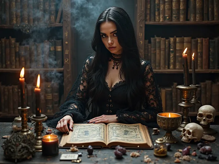 " A dark witch ,  amazingly beautiful ,  with long, silky black hair ,  sitting at a ritual table surrounded by a multitude of b...