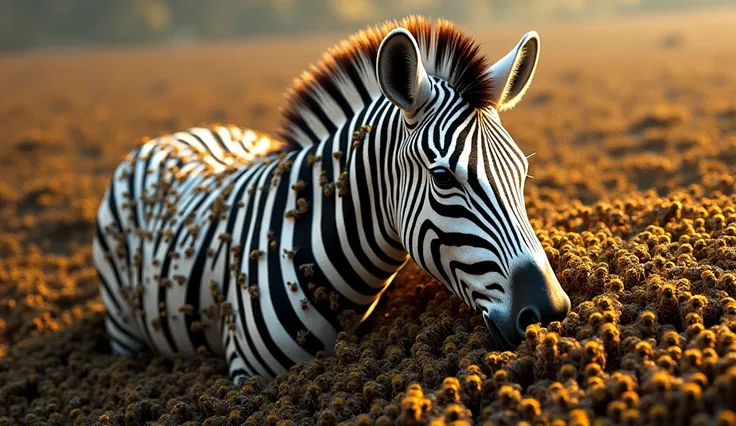 "A white zebra completely buried under an infinite, overwhelming swarm of bees—countless trillions stretching beyond imagination...
