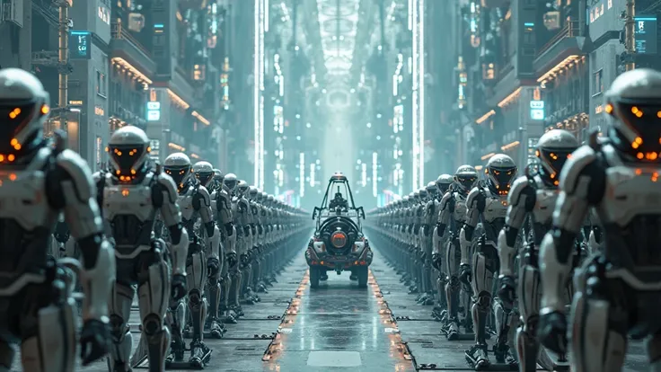 Dynamic photo of a many robotic soilders around the chariot, at a stunning technology world, dynamic photo, stunning photo, real...