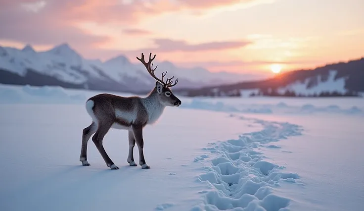 At sunrise, the baby reindeer stands in a snowy meadow, now fully recovered. The storm is gone, and the sky is painted in soft p...